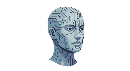 Futuristic illustration of a humanoid head with an intricate circuit board pattern, symbolizing artificial intelligence, robotics, and cybernetic concepts