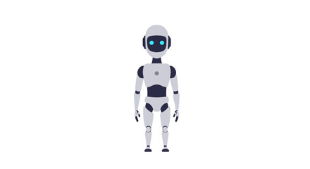 Futuristic humanoid robot with glowing blue eyes standing against a white background, concept of artificial intelligence and advanced technology