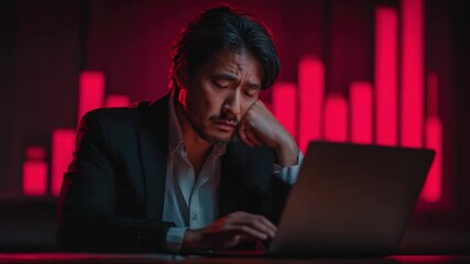 The Burden of Data: A weary businessperson leans over a laptop, surrounded by the looming, somber glow of the data visualization, conveying the weight of decision-making. - Powered by Adobe