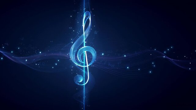 An abstract representation of a treble clef with flowing musical notes on a dark background.