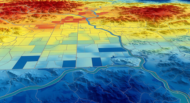 Vibrant digital elevation model showcasing an abstract topographic landscape with rich, gradient colors representing varied terrain and intricate surface details