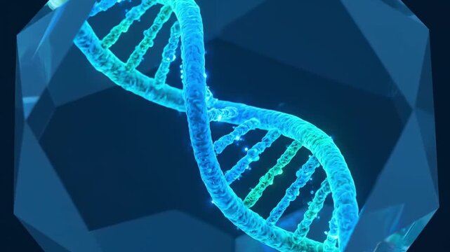 A 3D rendered image showing a vibrant double helix DNA structure with blue and green highlights