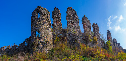 castle ruins panorama, remains of a stone fortress panoramic