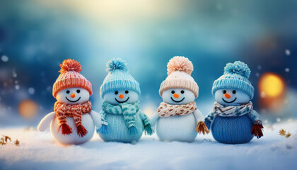 knitted snowman's family on dreamy winter landscape.
