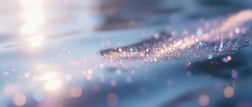 Macro shot of water drops on glass showing a blue liquid pattern with the slow-motion wave of people walking in the city light