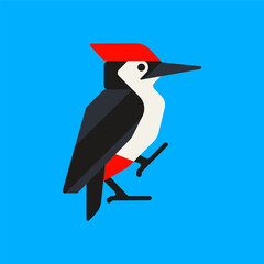 Minimal geometric vector illustration of a woodpecker bird on blue background, modern flat design style, abstract wildlife and nature concept