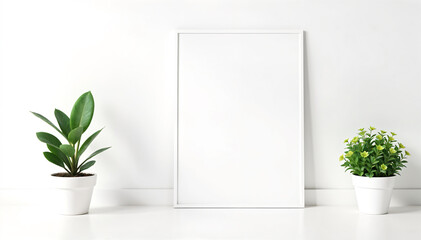Wooden picture frame mockup with two cactus plants in white pots. Clean white background. Home interior decor, art, design, copy space, template, elegant style for art, prints, photos display.
