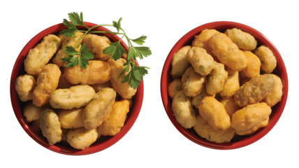 Delicious codfish fritters elegantly displayed in two vibrant red bowls, a savory seafood snack temptation