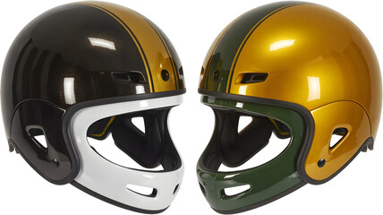 Fototapeta premium Sleek helmets in two striking styles, a fusion of safety and retro fashion for the adventurous individual