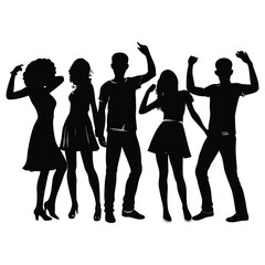 Silhouettes of friends dancing at a party, energetic poses, crisp vector shapes