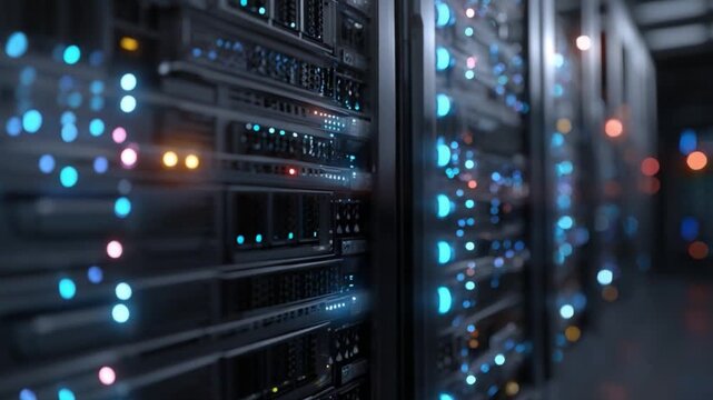 Data Fortress: A dynamic view into a modern server room, pulsating with data. Rows of server racks stand tall, lights illuminating a hive of activity.