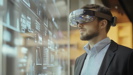 Young Businessman Wearing VR Headset Analyzing Data on Transparent Screen, Immersive Technology in the Modern Workplace - Powered by Adobe