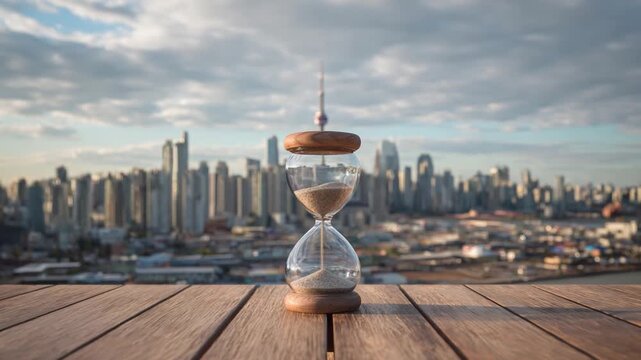 Hourglass Amidst the Cityscape: An exquisite hourglass, its sands flowing gently, perched on a wooden surface, overlooking a sprawling city.