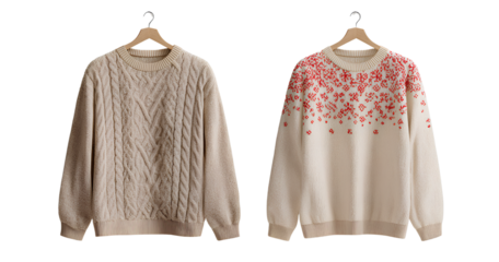  two sweaters on hangers, one beige sweater with a cable pattern and the other a white sweater with red embroidery, against a transparent background, in a png file format..png
