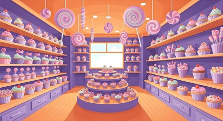 Whimsical Colorful Cupcake Shop Illustration - Sweet Bakery Interior, Candy Store Desserts