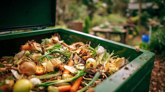 Compost Bin: An open compost bin overflows with organic waste, including vegetable scraps, fruit peels, and other discarded materials, revealing a cycle of decomposition and renewal.