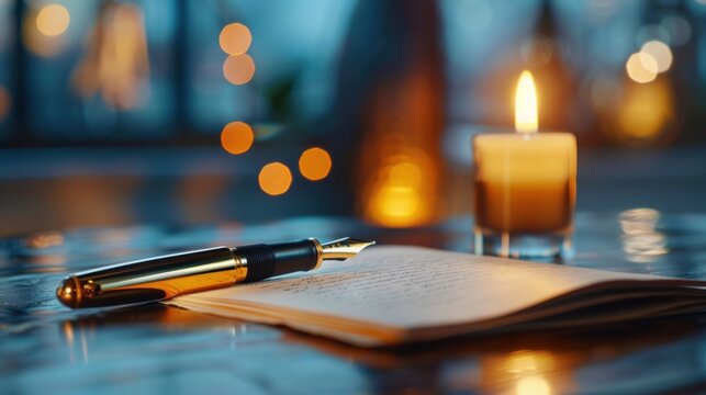 Elegant Fountain Pen on Open Notebook with Soft Candlelight and Blurred Bokeh Background for Romantic or Inspirational Themes
