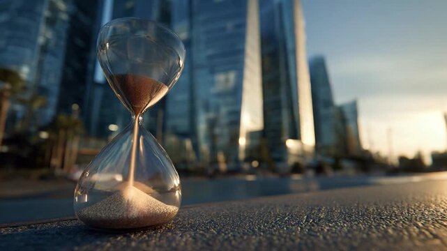 Time's Passage: An hourglass stands in sharp focus against a modern cityscape, symbolizing the relentless flow of time and its impact on the business world.