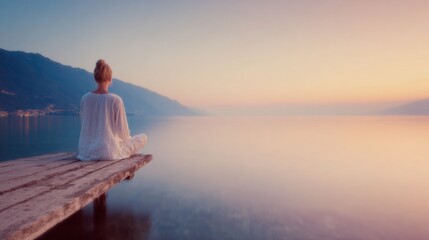 Peaceful woman meditating by the calm lake during sunrise