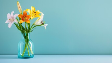 Fototapeta premium Elegant bouquet of vibrant lilies in a turquoise vase against a soft blue background, perfect for floral decor and design projects