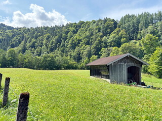 The landscape of a small hut at the foot of a mountain forest for the rest of sheep shepherds.