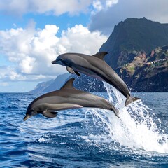 Fototapeta premium Two dolphins leaping from ocean waves against a mountainous backdrop