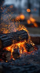 Vibrant Flames and Sparks Erupting from a Burning Log Fire