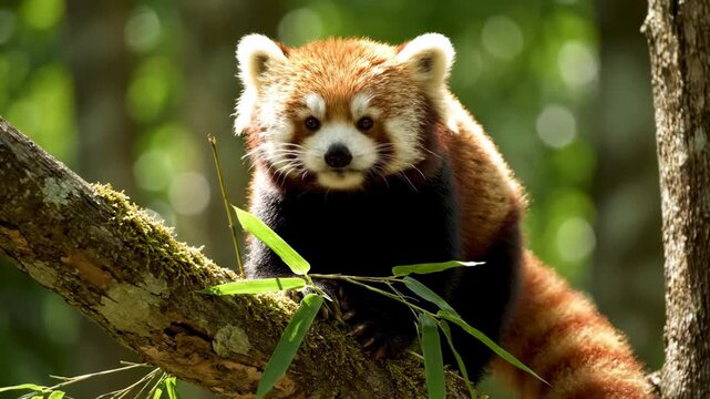 Red panda enjoys nibbling bamboo atop sturdy tree branch in vibrant green forest. Natural setting captures essence of wildlife and species conservation - Powered by Adobe