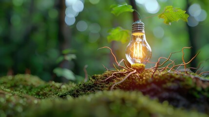 Lightbulb Grows from Nature with a Innovative Concept of Sustainability and Renewable Energy in a Lush Green Forest