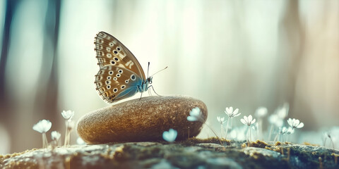 delicate brown and blue butterfly resting on a smooth stone among tiny white flowers