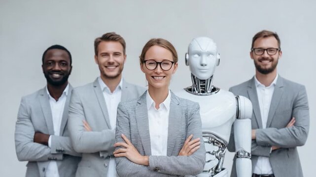 United Team in Tech: A diverse group of professionals and a sleek robot stand together, symbolizing the dynamic convergence of human and machine intelligence in the future of work.