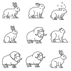 Fototapeta premium A collection of minimalist line art icons featuring various rabbits, hares, and powerful musk oxen, perfect for graphic design projects and educational materials.