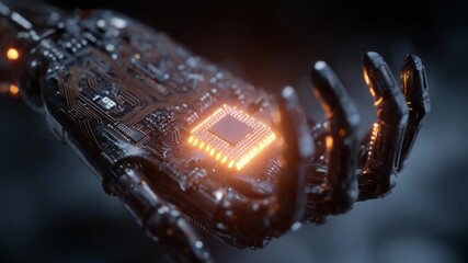 Cybernetic Embrace: A metallic hand cradles a glowing microchip, symbolizing technological advancement, data processing, and the future of innovation. - Powered by Adobe