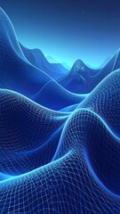 Abstract blue landscape of interconnected lines resembling undulating terrain, stars in sky