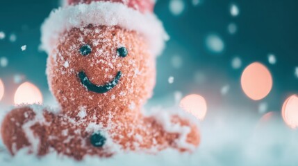 Fototapeta premium Gingerbread man smiles in winter scene with snowfall and festive lights