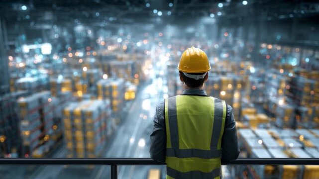 Overseeing Warehouse Operations: A focused professional, adorned in a safety vest and helmet, surveys the vast expanse of a bustling warehouse, where order and efficiency reign supreme.