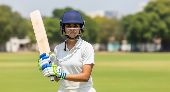 Focused female cricketer with bat and helmet on field - Powered by Adobe