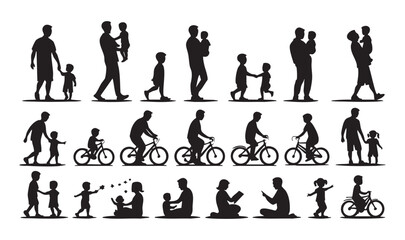 Diverse family activities silhouette collection father mother