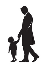 Father in coat holding child's hand walking silhouette holding hands