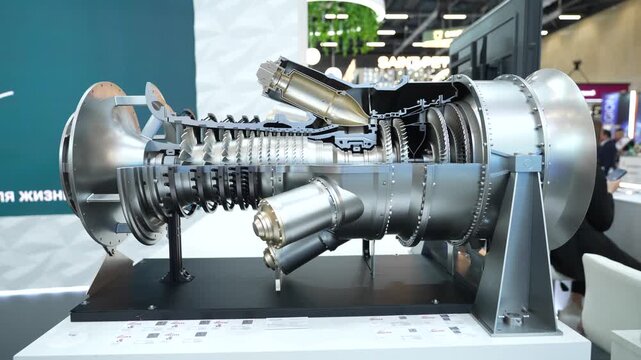 A cross-sectional model of an aircraft turbojet engine, presumably