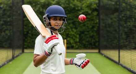 Focused female cricketer practices batting in the nets with a ball.