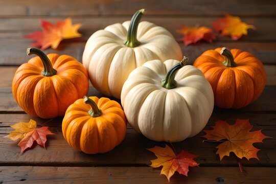 Autumn Harmony: a blend of white and orange pumpkins with maple leaves spreeding the fall's warmthness