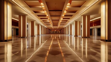 Luxurious Hotel Ballroom Interior with Polished Marble Floor, Illuminated Columns, and Elegant Lighting Fixtures for Events and Conferences