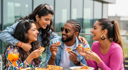 Happy Diverse Friends Enjoying Food and Drinks Outdoors