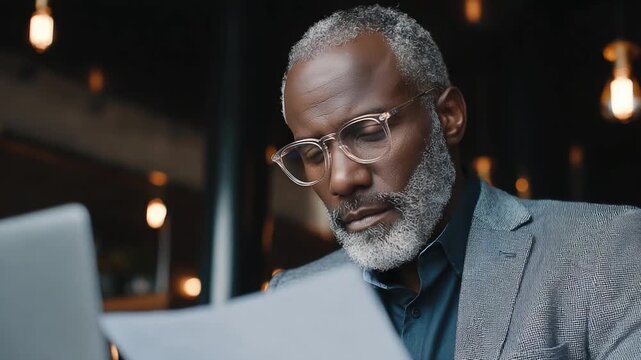Focused Business Professional: A distinguished gentleman, engrossed in deep concentration, reviews important paperwork. The image conveys a sense of studious attentiveness and professional dedication.
