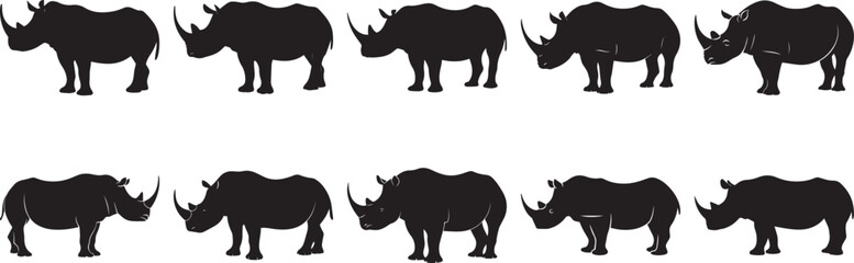 A group of  Rhino silhouette vector, black and white silhouette vector illustration