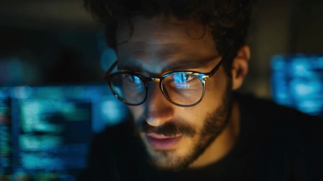 Focused Gaze: A man with eyeglasses stares intently at a computer screen in a dimly lit room, the illuminated display reflecting in his spectacles, indicating concentration and analytical skills.