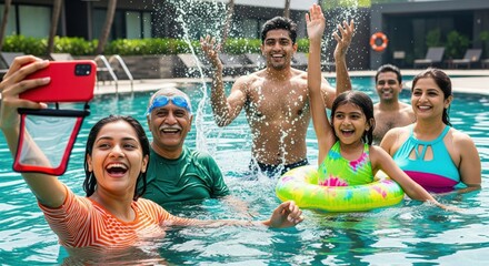 Happy Multi-Generational Indian Family Enjoying Pool Fun and Selfie