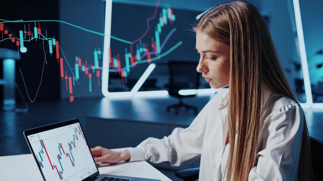 Finance chart fills screen as trader analyzes. Office setting supports finance data work. Trader observes finance chart signals. Trader identifies patterns using finance methods in modern office.