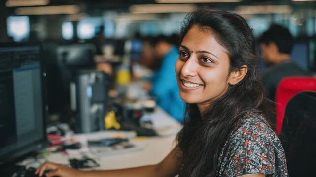 Radiant Programmer: A confident programmer beams with a captivating smile, focused and absorbed at her workstation, demonstrating dedication and expertise in a modern office environment.